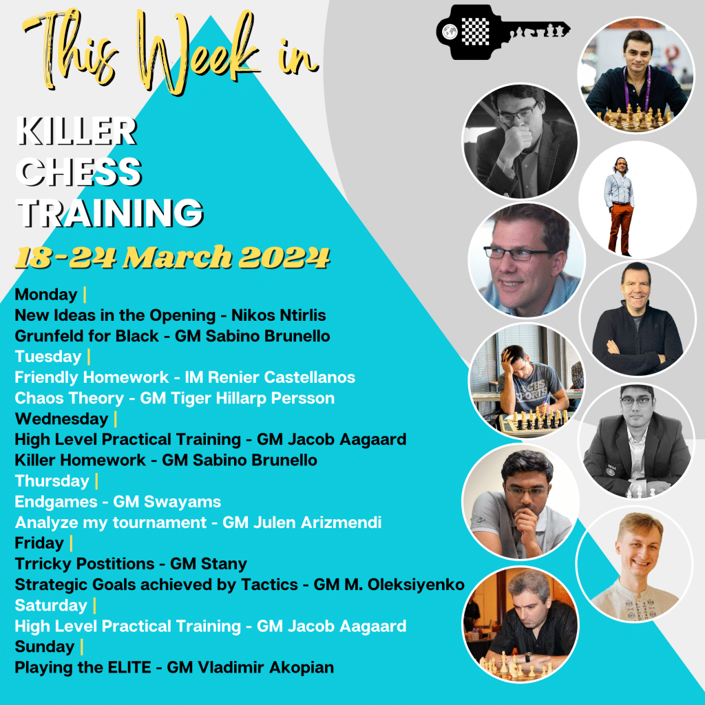 Monday |
New Ideas in the Opening - Nikos Ntirlis
Grunfeld for Black - GM Sabino Brunello
Tuesday |
Friendly Homework - IM Renier Castellanos
Chaos Theory - GM Tiger Hillarp Persson
Wednesday |
High Level Practical Training - GM Jacob Aagaard
Killer Homework - GM Sabino Brunello
Thursday |
Endgames - GM Swayams
Analyze my tournament - GM Julen Arizmendi
Friday |
Trricky Postitions - GM Stany
Strategic Goals achieved by Tactics - GM M. Oleksiyenko
Saturday |
High Level Practical Training - GM Jacob Aagaard
Sunday |
Playing the ELITE - GM Vladimir Akopian